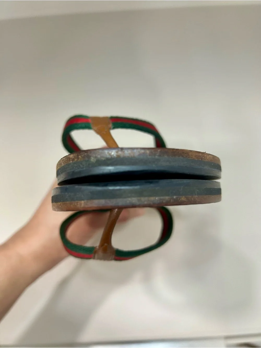 Gucci Web Leather Sandal Stripe Flip Flop Flat Authentic